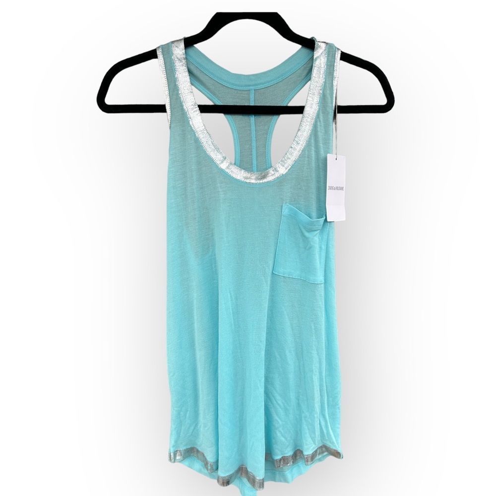 Zadig & Voltaire Lagon Blue Racerback Tank Top Samuel Metallic Foil Sz M